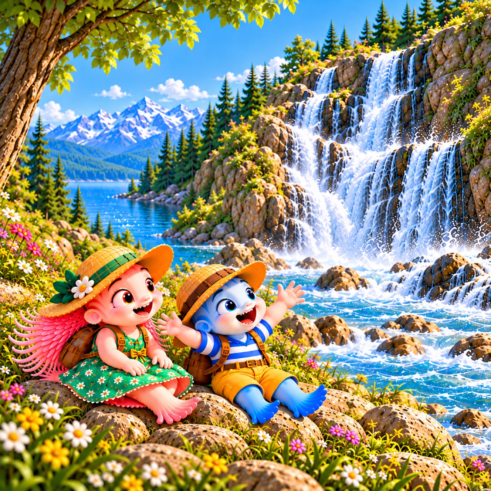 Marjote et Piajo découvrent une cascade